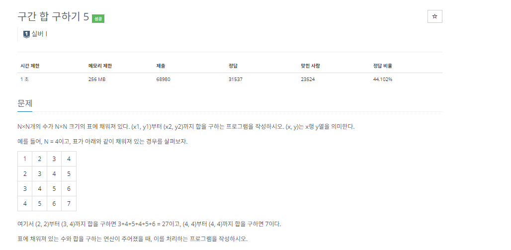 백준 11660 - 구간 합 구하기 5