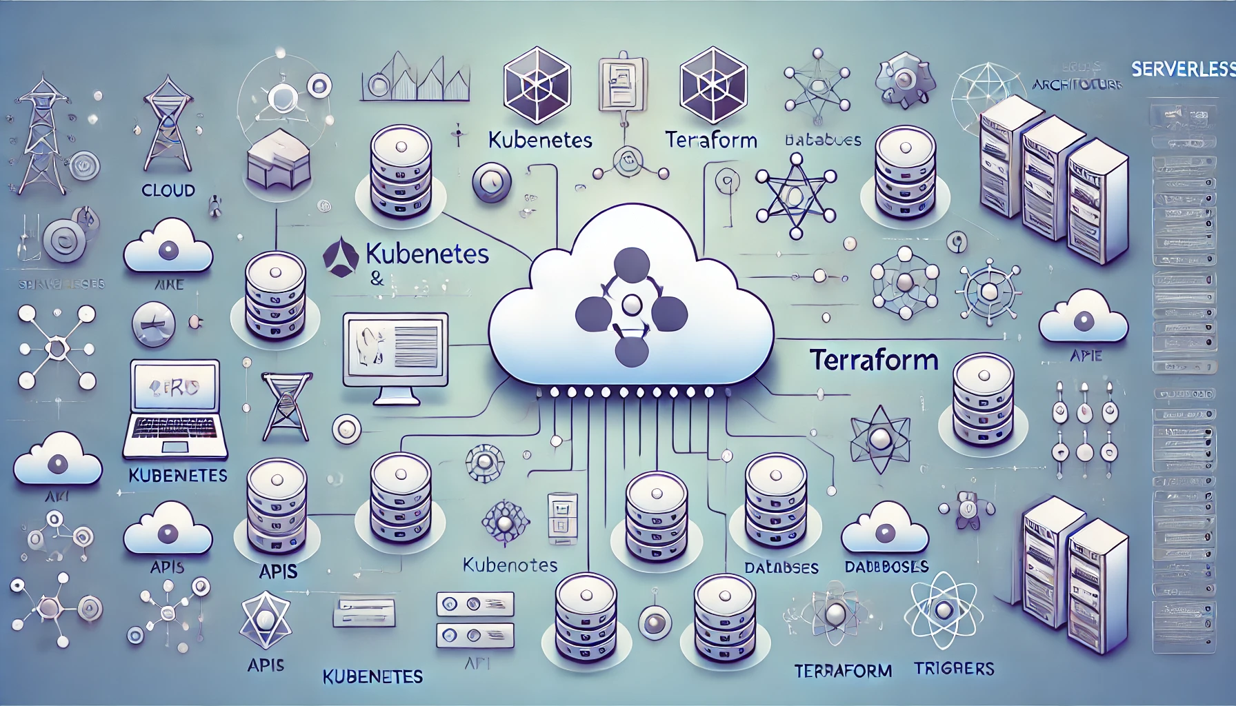 서버리스 아키텍처를 설명하는 이미지: 클라우드 환경과 연결된 다양한 서버 아이콘
