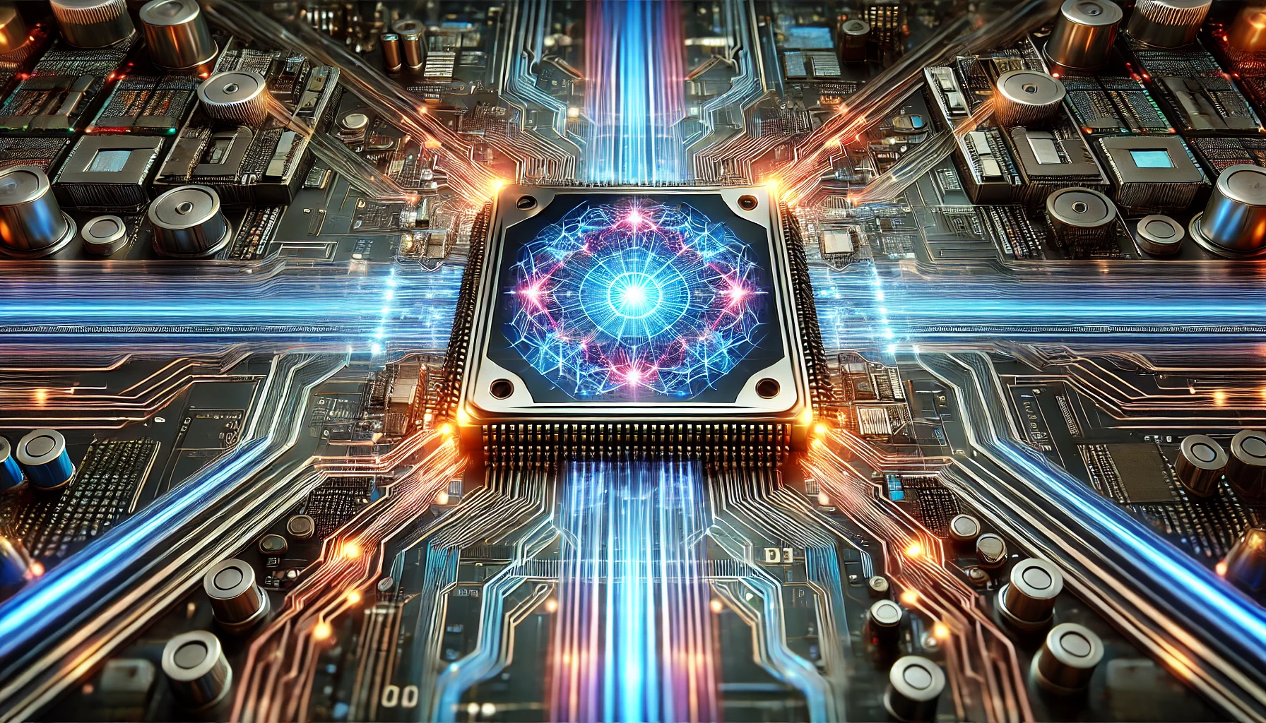 미래지향적인 AI 칩셋이 중앙에 배치된 이미지. 주변에는 AI 데이터 흐름을 나타내는 디지털 그래픽과 연결된 회로도