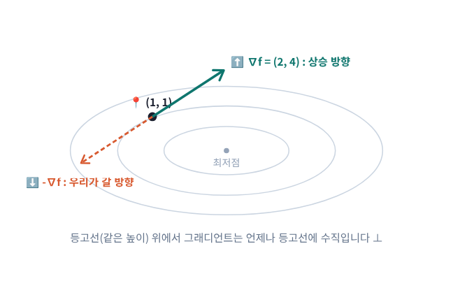 (시각화 4) 점 (1, 1)의 그래디언트 ∇f = (2, 4)는 상승 방향, −∇f가 우리가 갈 방향 — 등고선에 수직