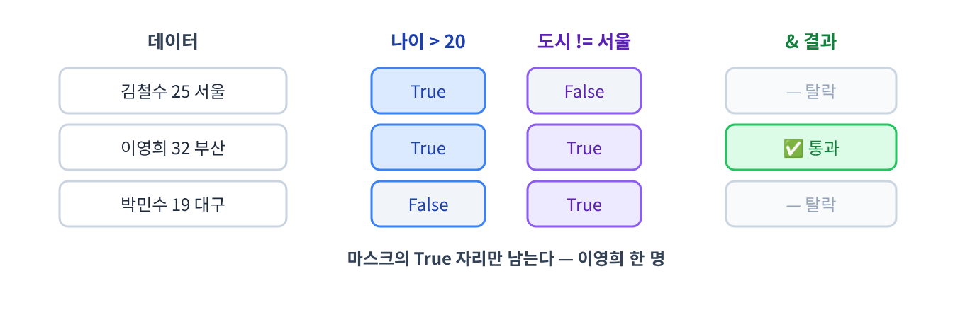 (시각화) 마스크 두 장 겹치기 — 나이 > 20 그리고 도시 != 서울을 모두 통과한 건 이영희 한 명