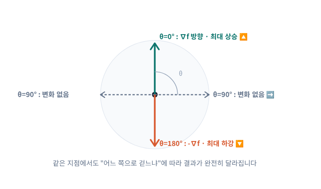 (시각화 6) 방향에 따라 변화율이 달라진다 — θ = 0°는 최대 상승, 90°는 변화 없음, 180°는 최대 하강