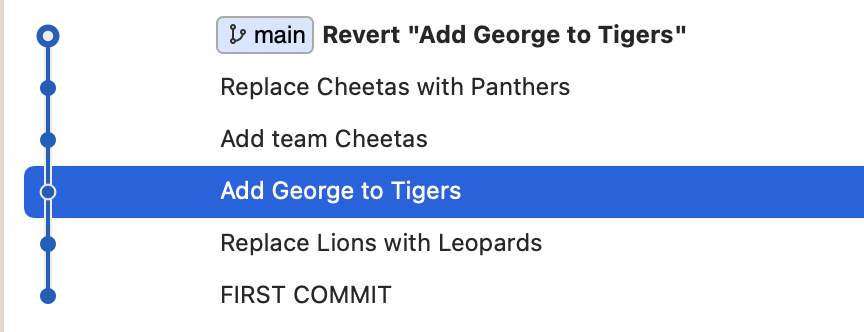 git revert Add George to Tigers 로 돌아간 화면