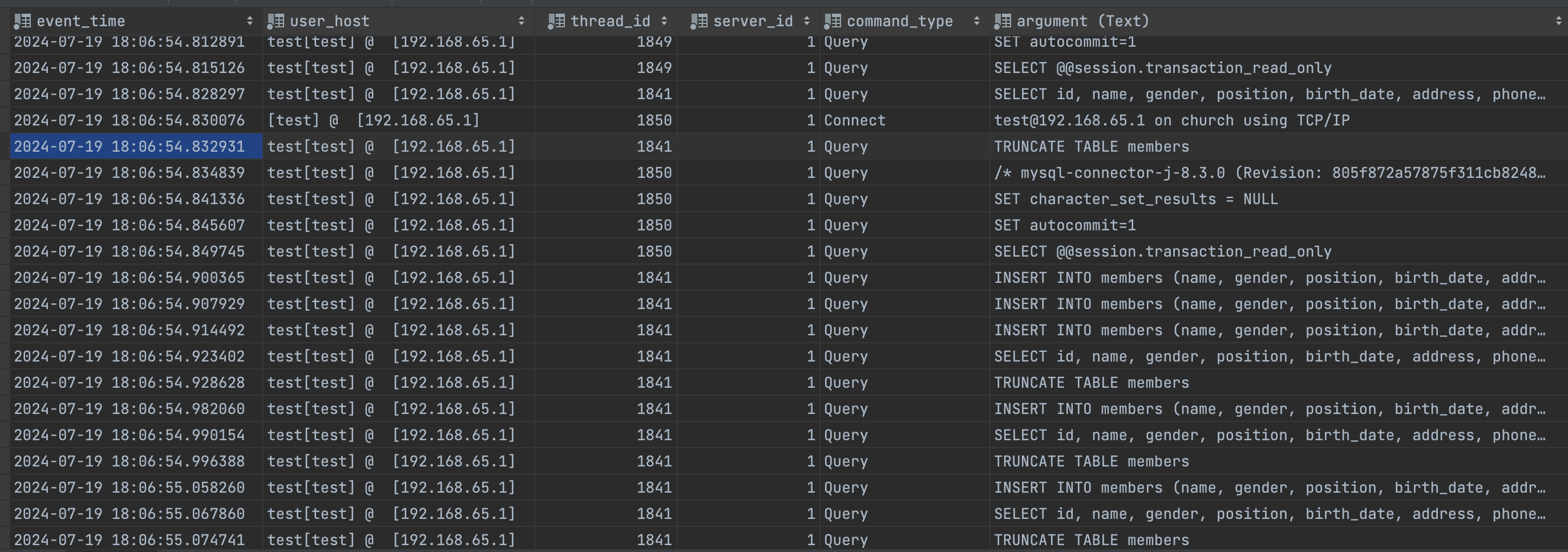 MySQL 간단한 로그 확인 (general_log)