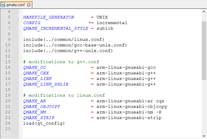 linux-arm-gnueabig++\qmake.conf 수정 전