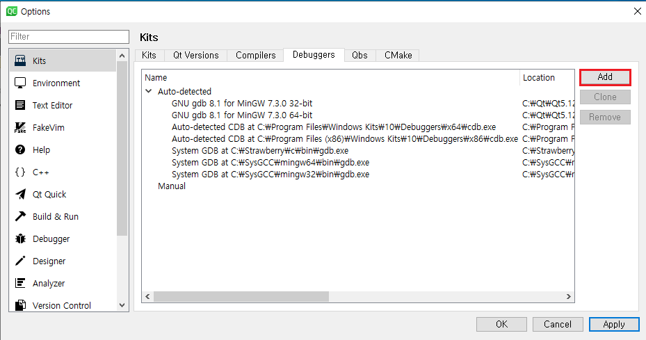 debuggers option 설정