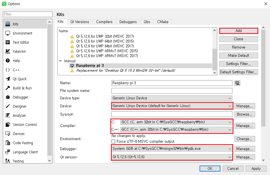 qt raspberry pi용 kits설정
