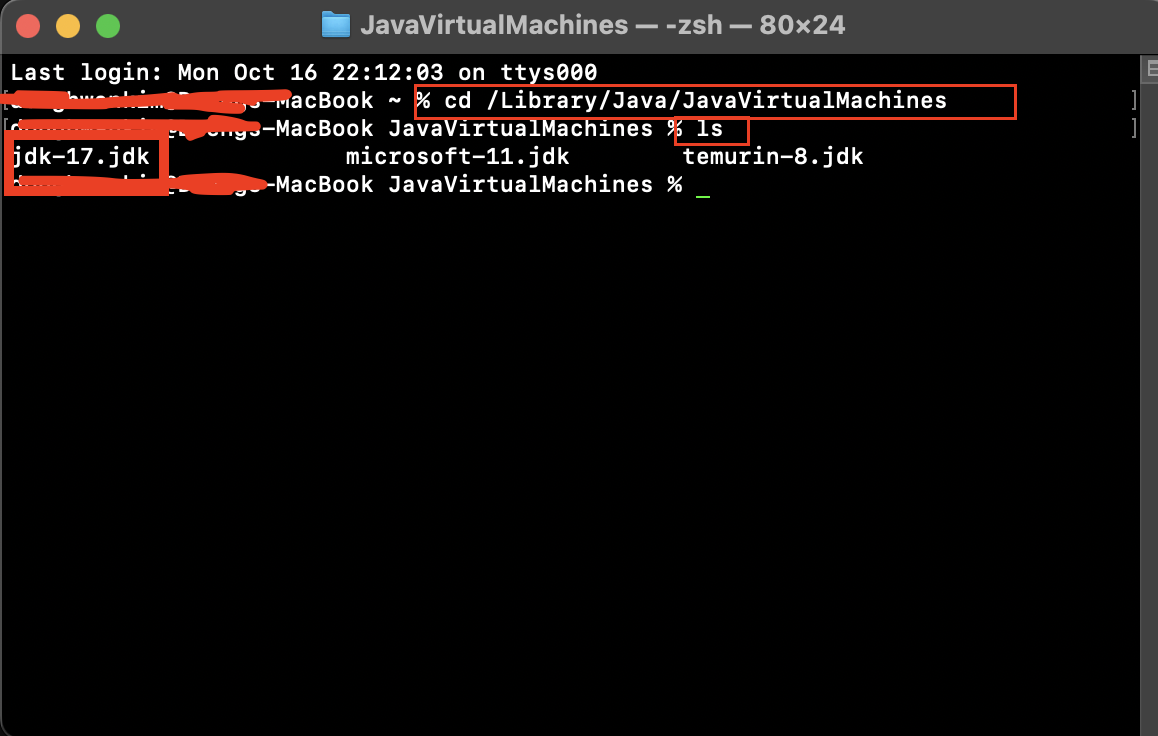 명령어 쳐서 다운 받은 JDK 버전확인(터미널 버전)
