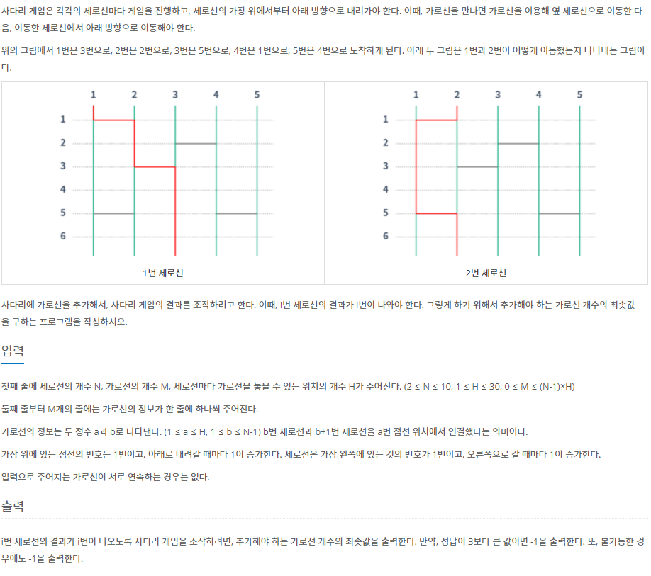 백준 15684번: 사다리 조작 백준 15684번: 사다리 조작