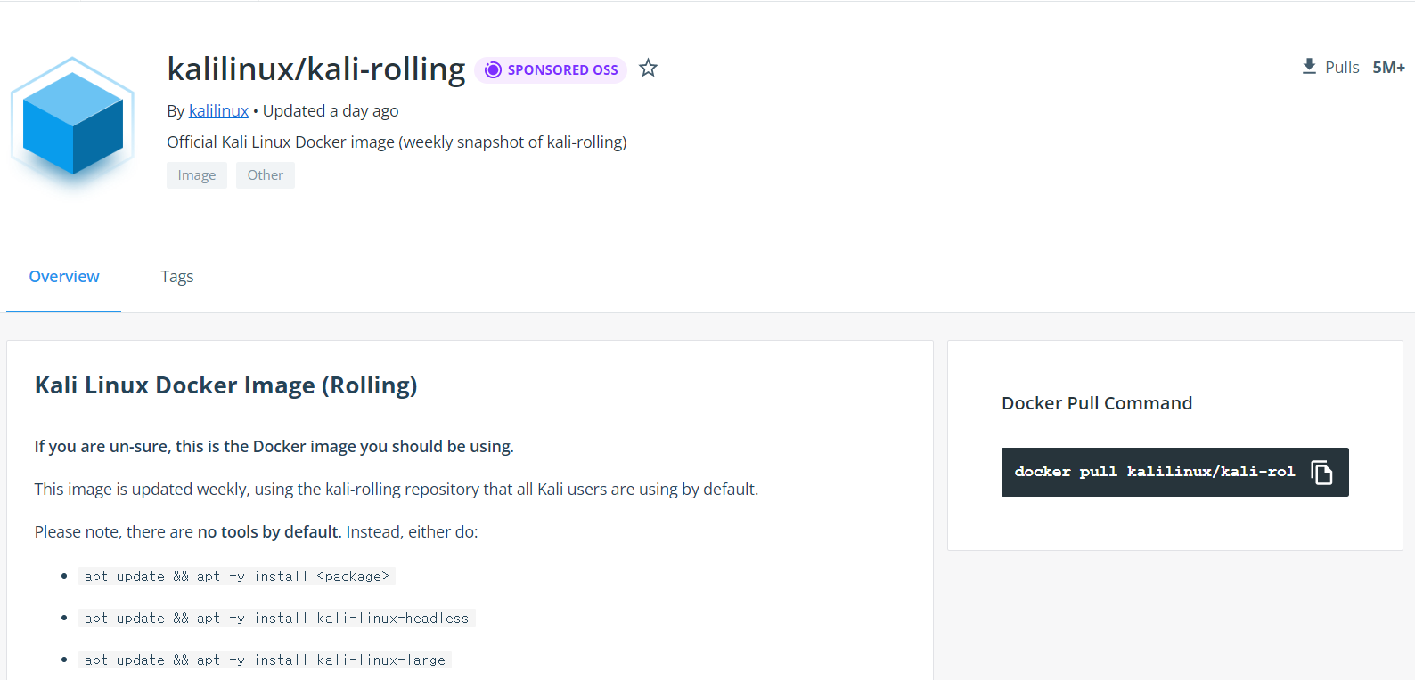 도커 허브의 kali-rolling 이미지