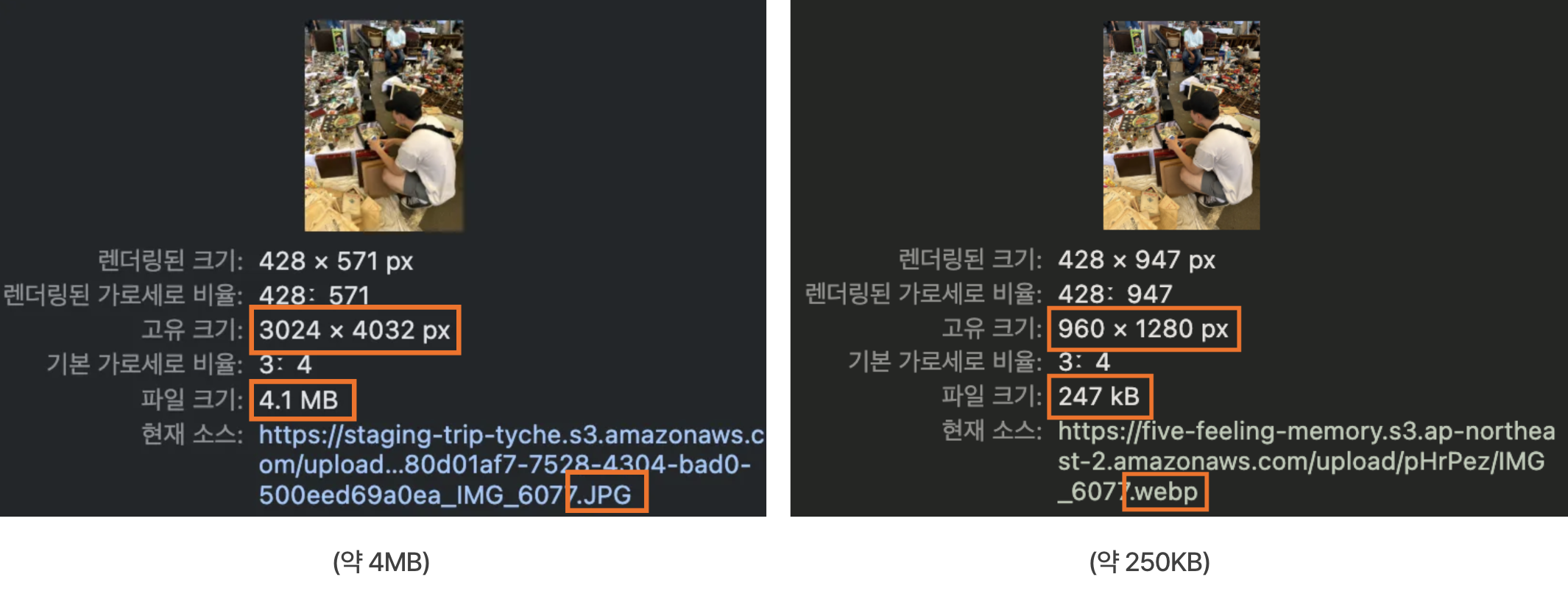 이미지 최적화 전후 사진