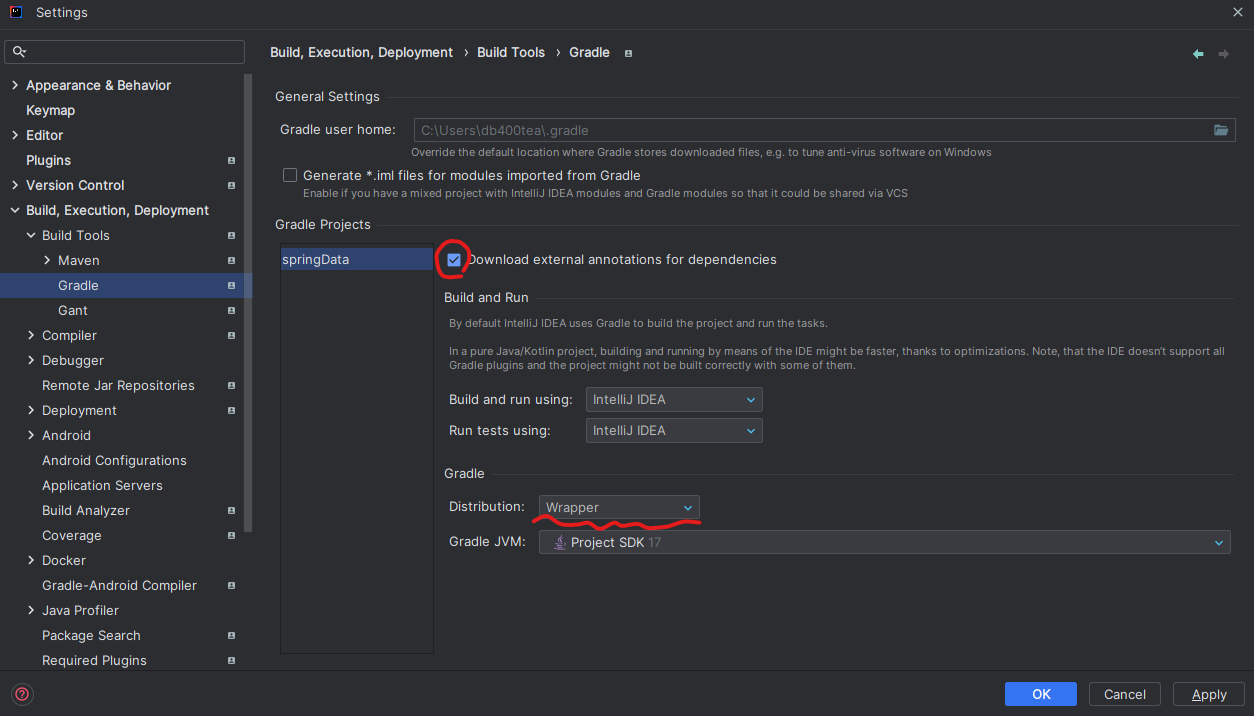 [Setting - Build, Execution, Deployment - Build Tools - Gradle] 에 들어가서 ‘Download external annotations for dependencies’에 체크, Gradle의 Distribution을 Wrapper로 설정한다.