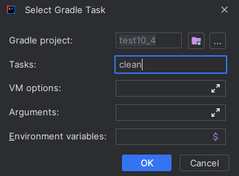 폴더 버튼을 눌러 gradle project를 이 프로젝트로 설정하고, Tasks에 “clean”을 입력한다. 그후 Ok, Apply를 눌러 변경된 설정을 적용한다.