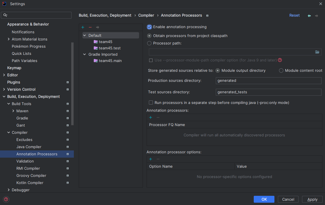 [Setting - Build, Execution, Deployment -Compiler - Annotaion Processors] 에서 “Enable Annotaion Processing”에 체크가 되어있는지 확인하기