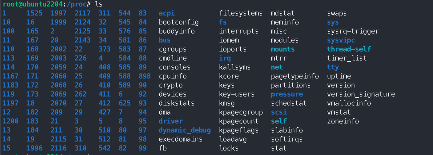 tree -L 1 /proc