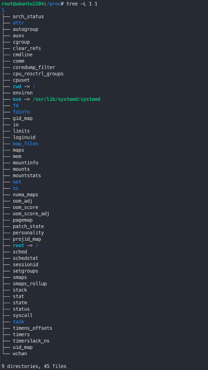 tree -L 1 /proc/1