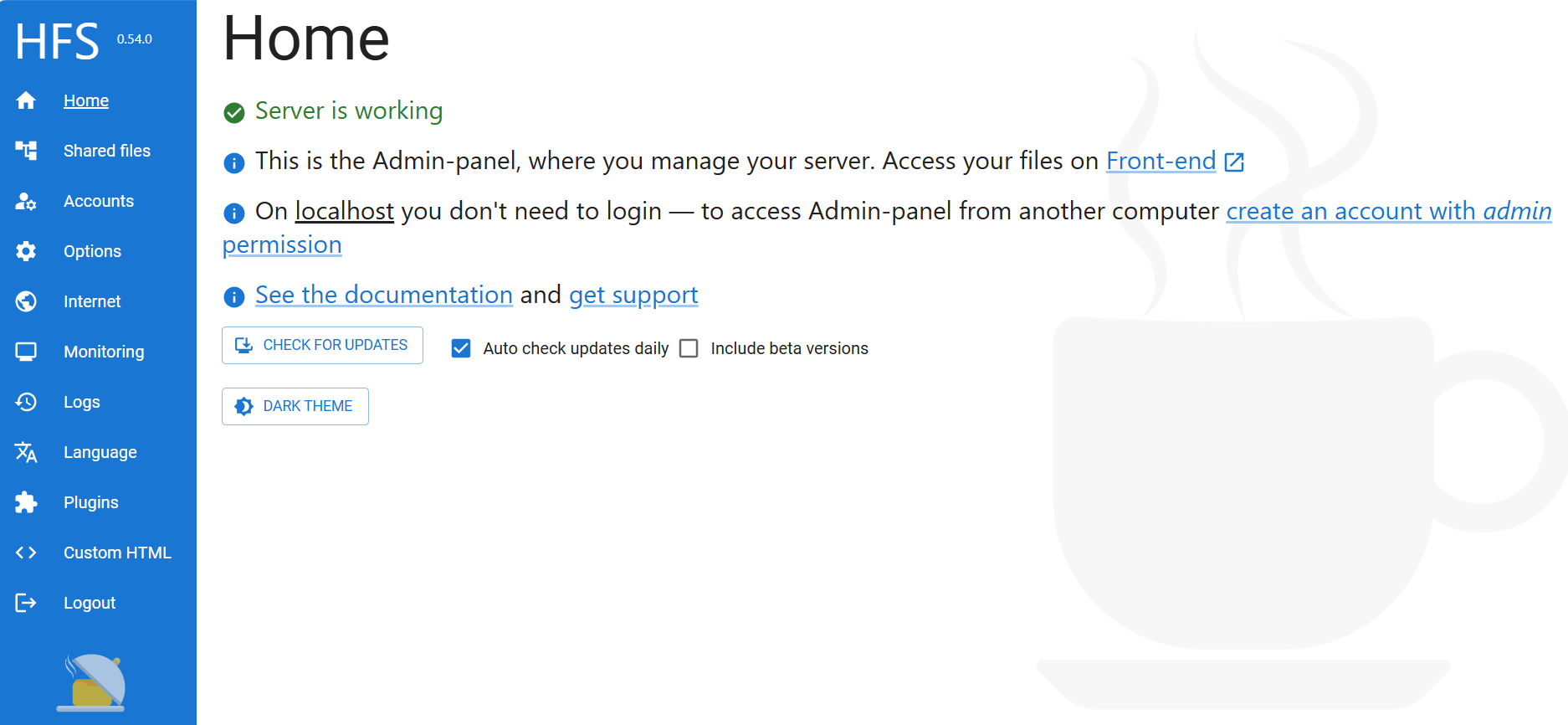 웹 브라우저로 연 관리자 화면