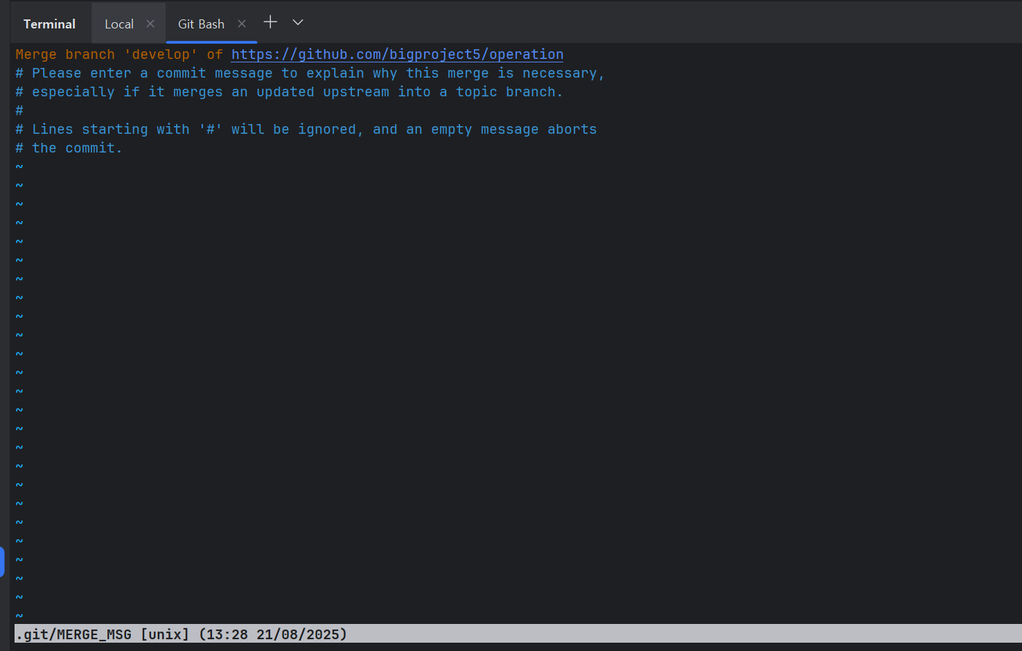 [Git] Git Merge 시 뜨는 MERGE_MSG 화면 해결