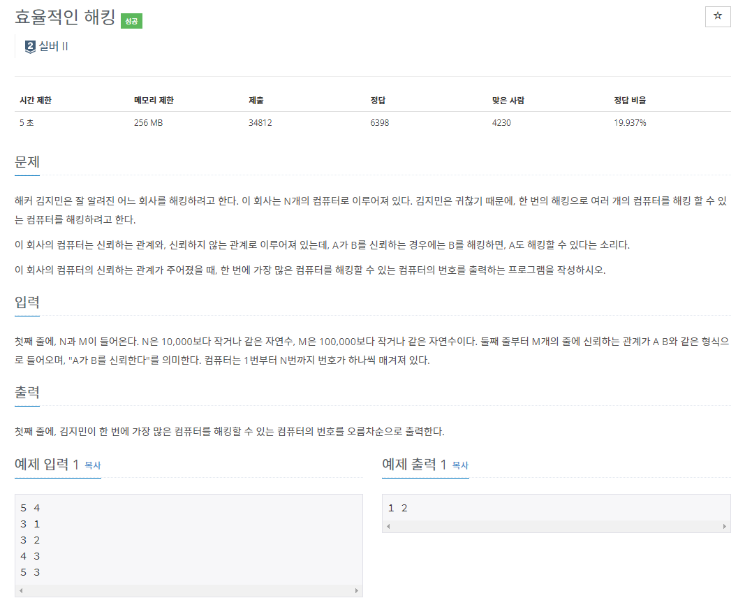 [BaekJoon] 1325 효율적인 해킹 (java)
