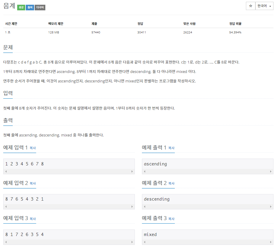 [BaekJoon] 2920 음계 (java)