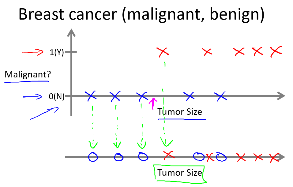 tumor size에 따라서 악성인가, 아닌가에 대한 분류