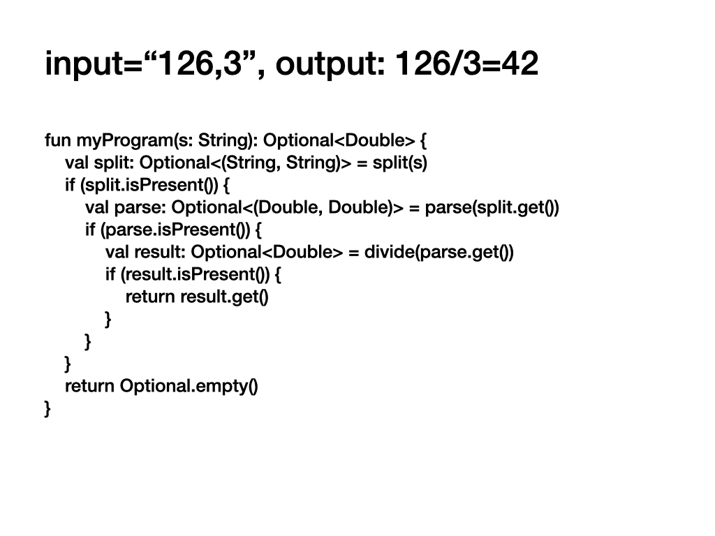 split, parse, divide 세 개의 함수 호출 후 ifPresent() 확인 처리