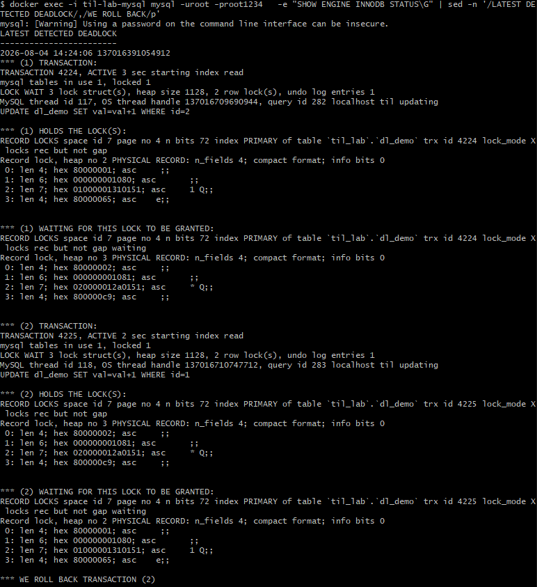 deadlock_demo.sh 로 유발한 실제 데드락, SHOW ENGINE INNODB STATUS 의 LATEST DETECTED DEADLOCK 섹션