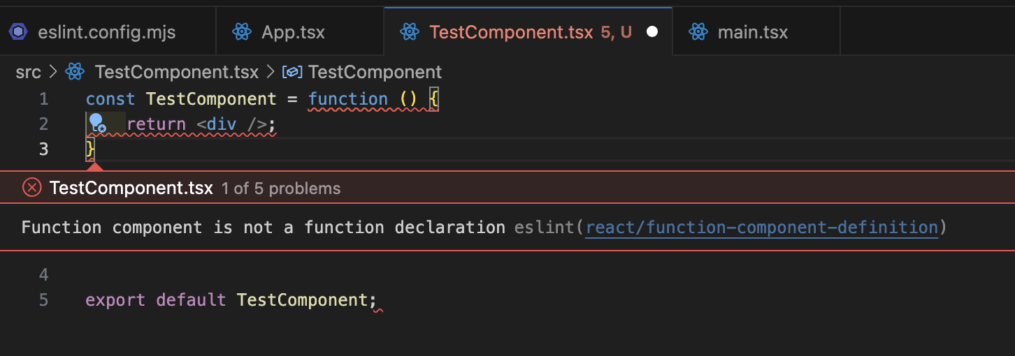 react/function-component-definition 규칙 위반 컴포넌트 코드 스크린샷