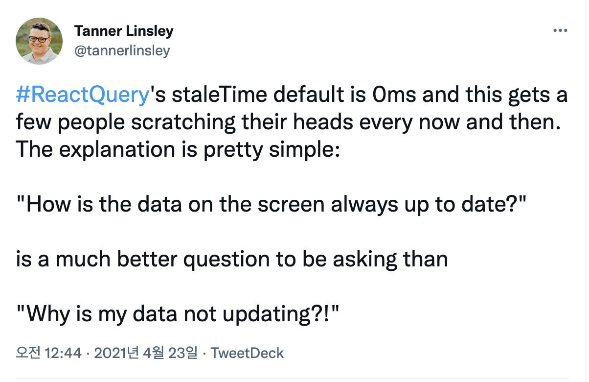 Tweet from Tanner Linsley, creator of React Query
