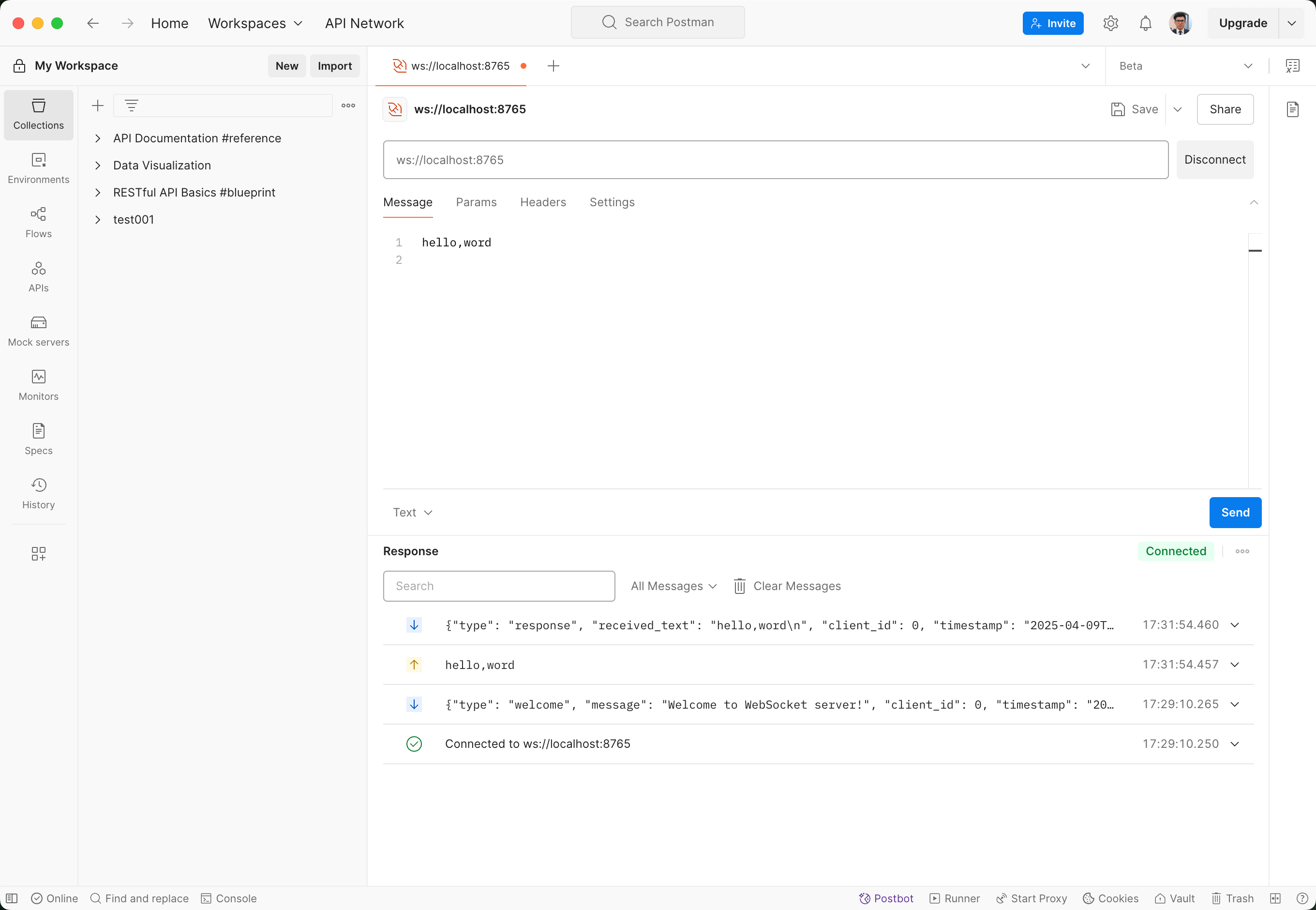 Postman에서 WebSocket 디버깅