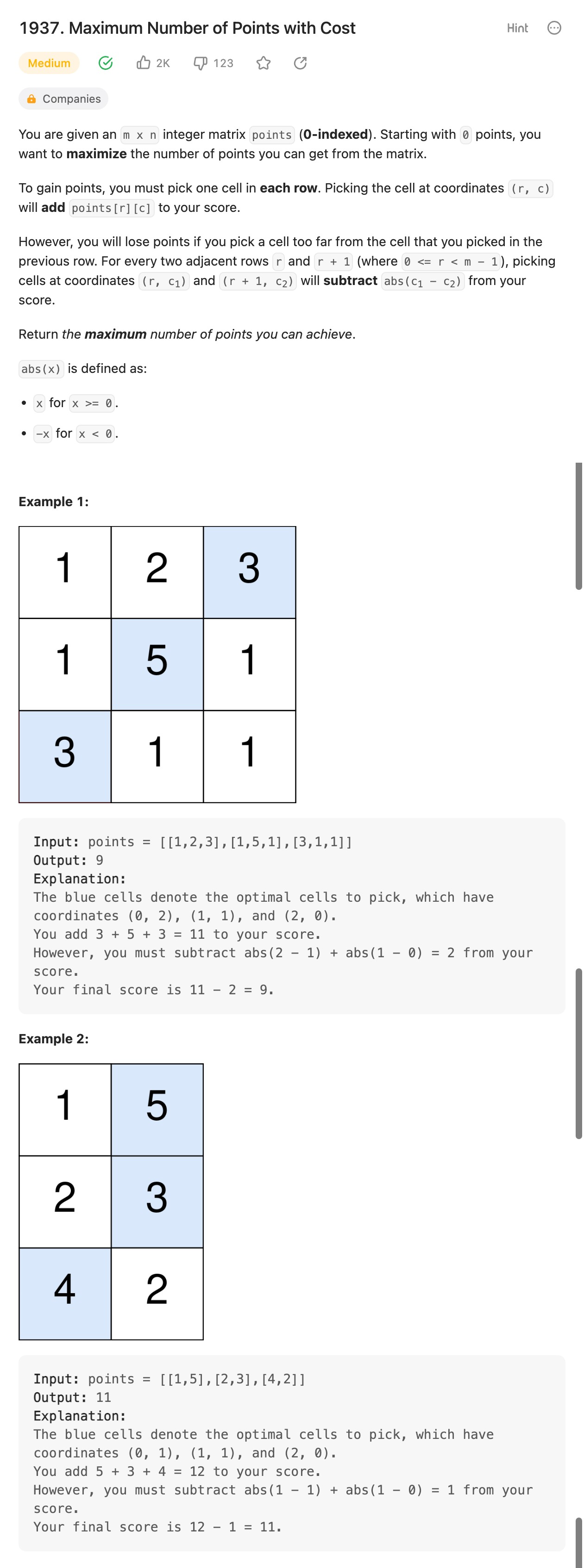 leetcode-1937-maximum-number-of-points-with-cost