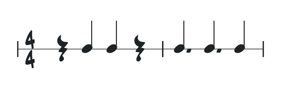 4분의4박자 두 마디 위에 드럼 표기법으로 나타낸 음표와 쉼표가 있다.