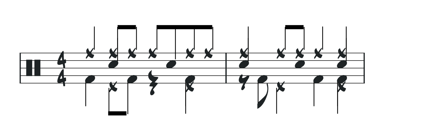 4분의4박자 두 마디 보표 위에 여러 음표와 드럼을 나타내는 노트가 섞여 있다.