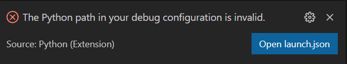 [vscode] 오류 해결 The Python path in your debug configuration is invalid.