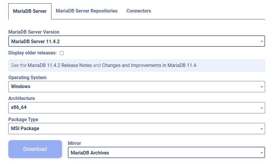 MariaDB 다운로드탭