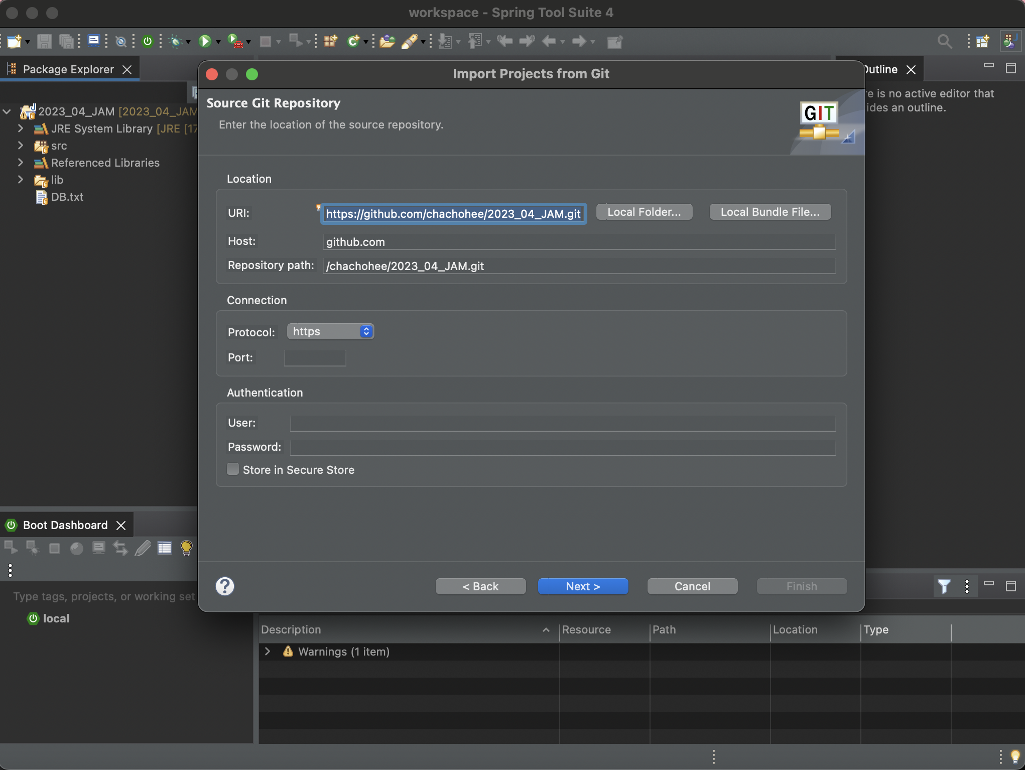 STS에서 git repository 로컬 pc로 프로젝트 가져오기