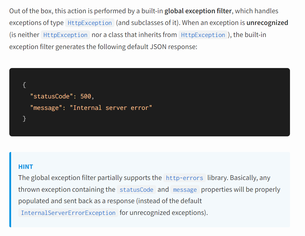 Global request scoped exception filters don't catch built-in exceptions ·  Issue #6429 · nestjs/nest · GitHub