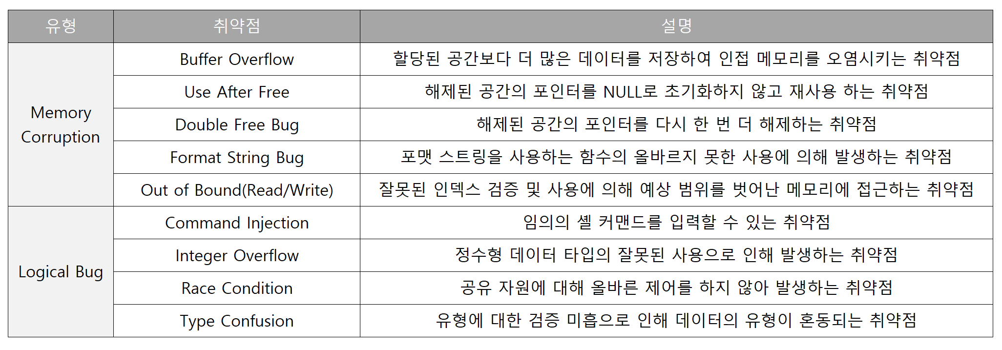 [표 1] 취약점 종류