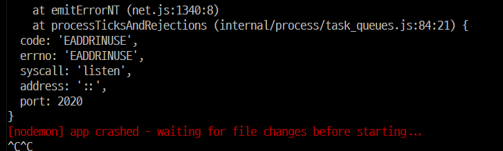 [nodemon] app crashed - waiting for file changes before starting...