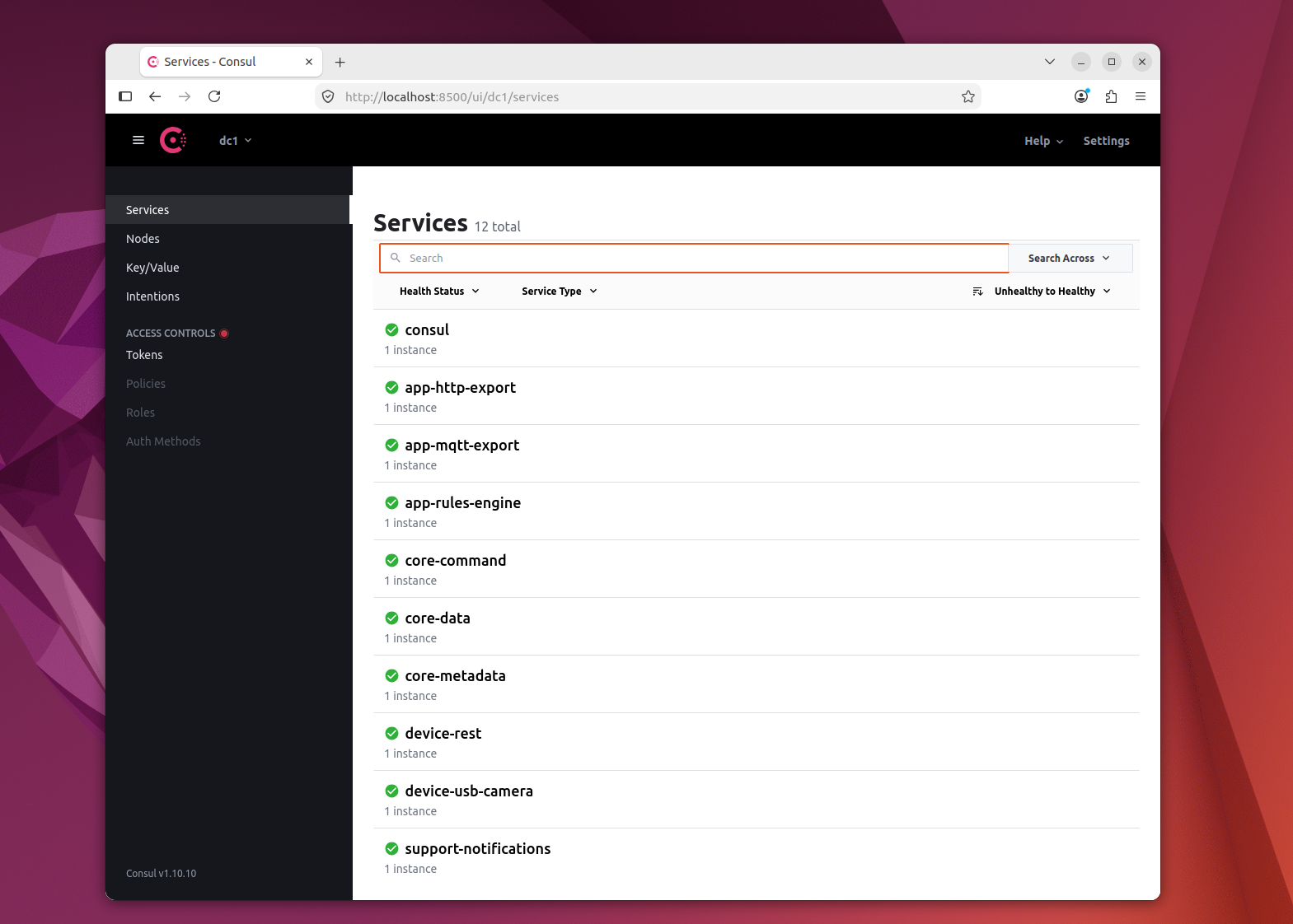 EdgeX Docker Container 실행 결과