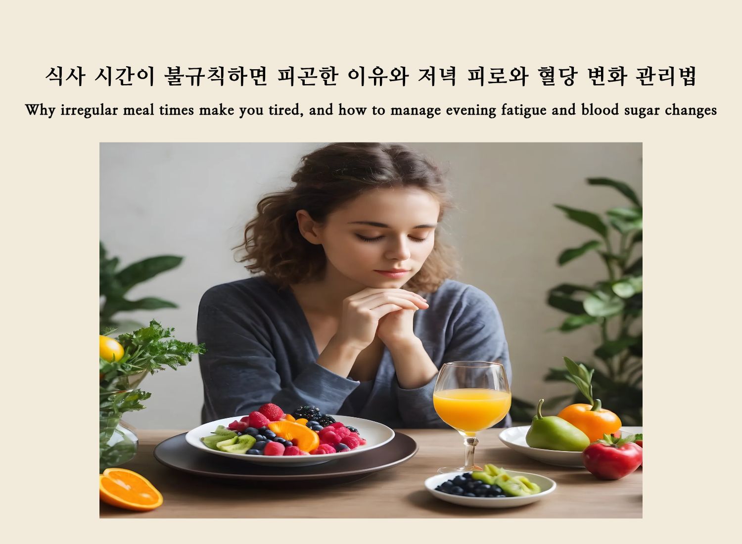 A woman sitting with fruit, representing fatigue from irregular meal times