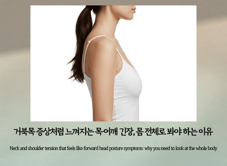 Side view of a woman, representing neck and shoulder tension related to posture