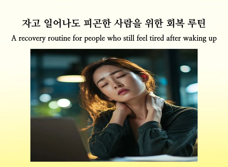 A tired woman holding her neck, representing recovery for morning fatigue